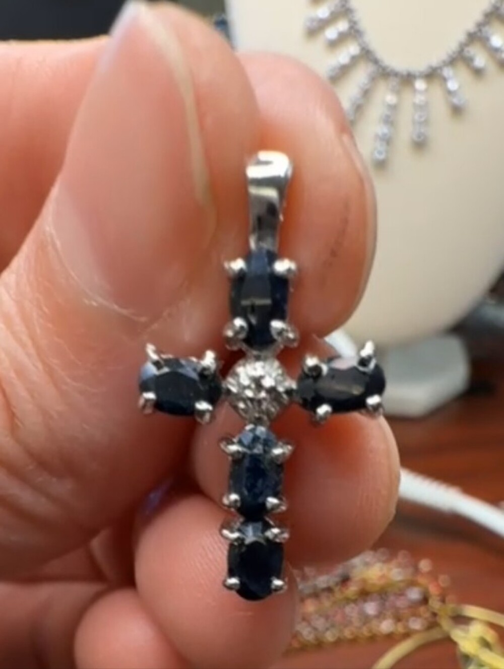 Genuine Black Sapphire Sterling 925 Silver Cross Pendant 18 Inch Necklace